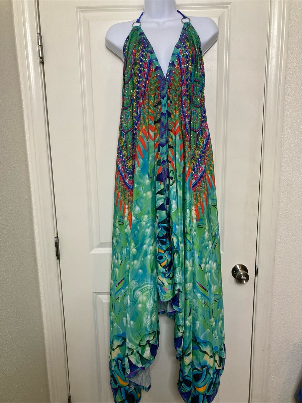 Double Decker Halter Maxi Dress Asymmetrical Beaded Boho Resort One Size
